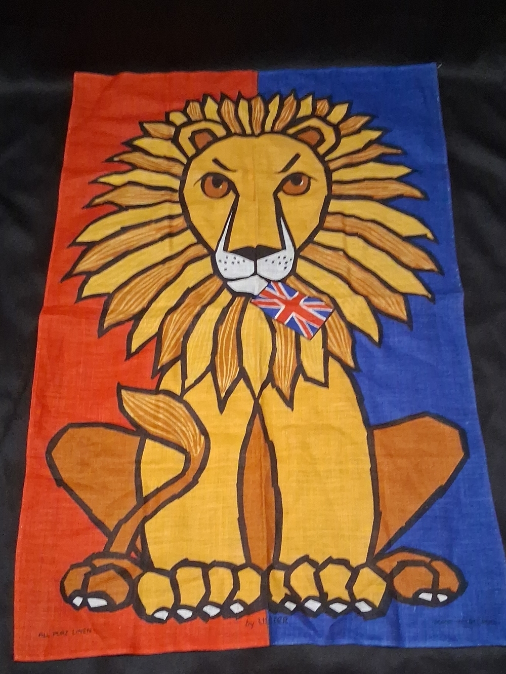 Vintage Ulster Ireland Linen Tea Towel - Lion London Union Jack Flag - Red Blue